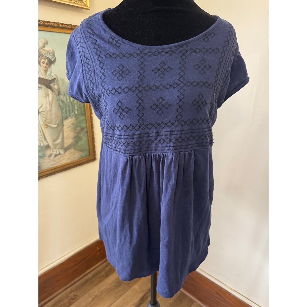 Gloria Vanderbilt Embroidered Boho Peasant Top Blue Short Sleeve Size S
